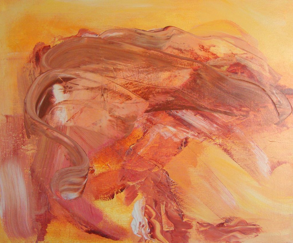 Abstract painting of sweeping curved brushstrokes in orange, rust, and ochre