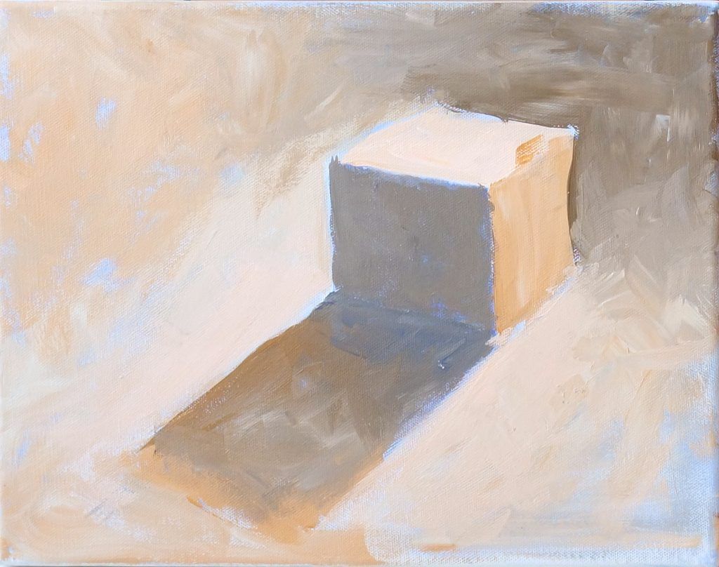 Still life painting of a cube casting a long shadow, a study of light and form