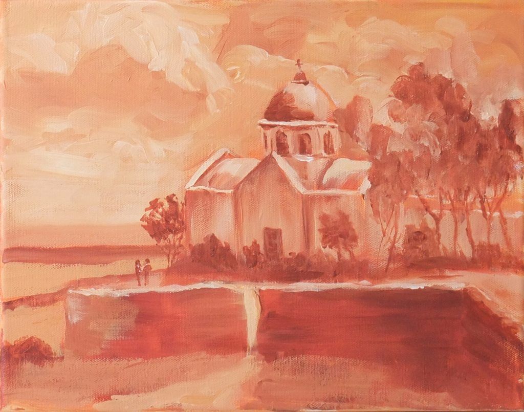 Warm monochrome painting of a domed church above the sea with two figures walking