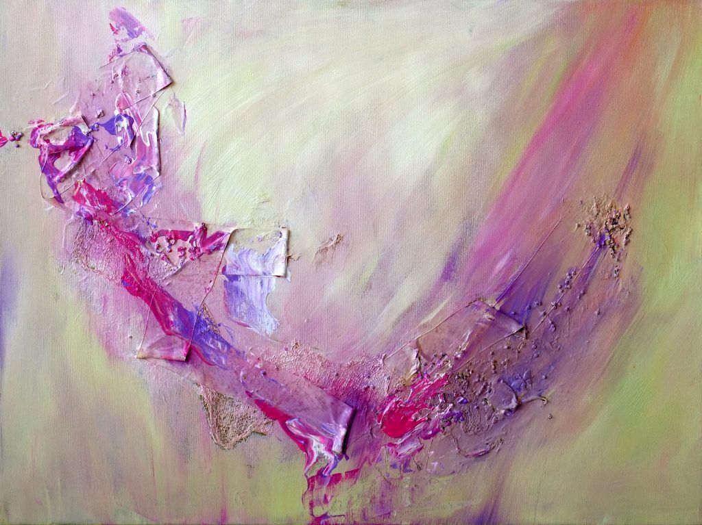 Heavily textured abstract painting in lime green with magenta and metallic accents