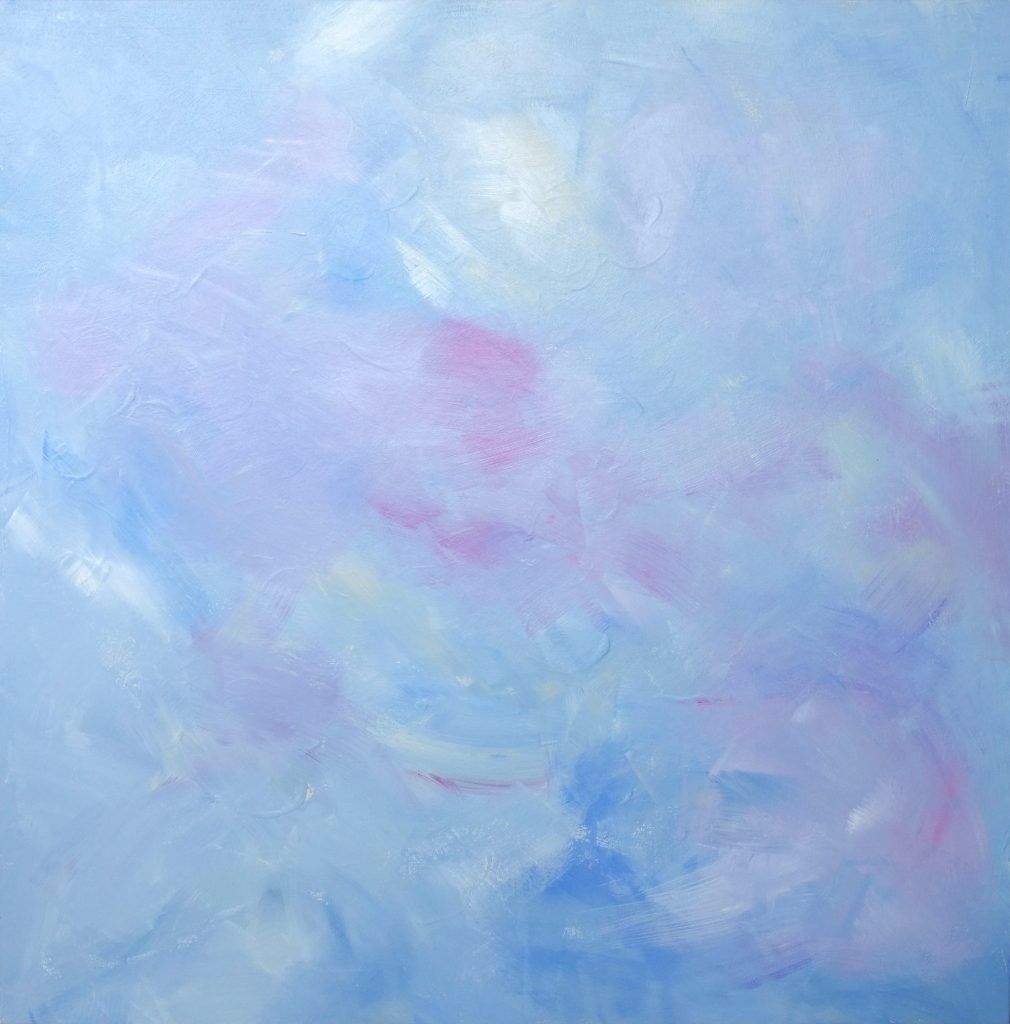 Soft abstract painting in pale blue with hints of pink and lavender