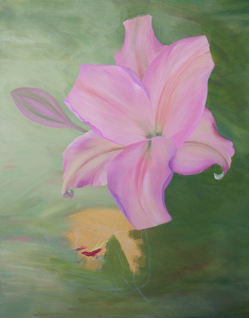 Painting of a pink lily against a deep green background