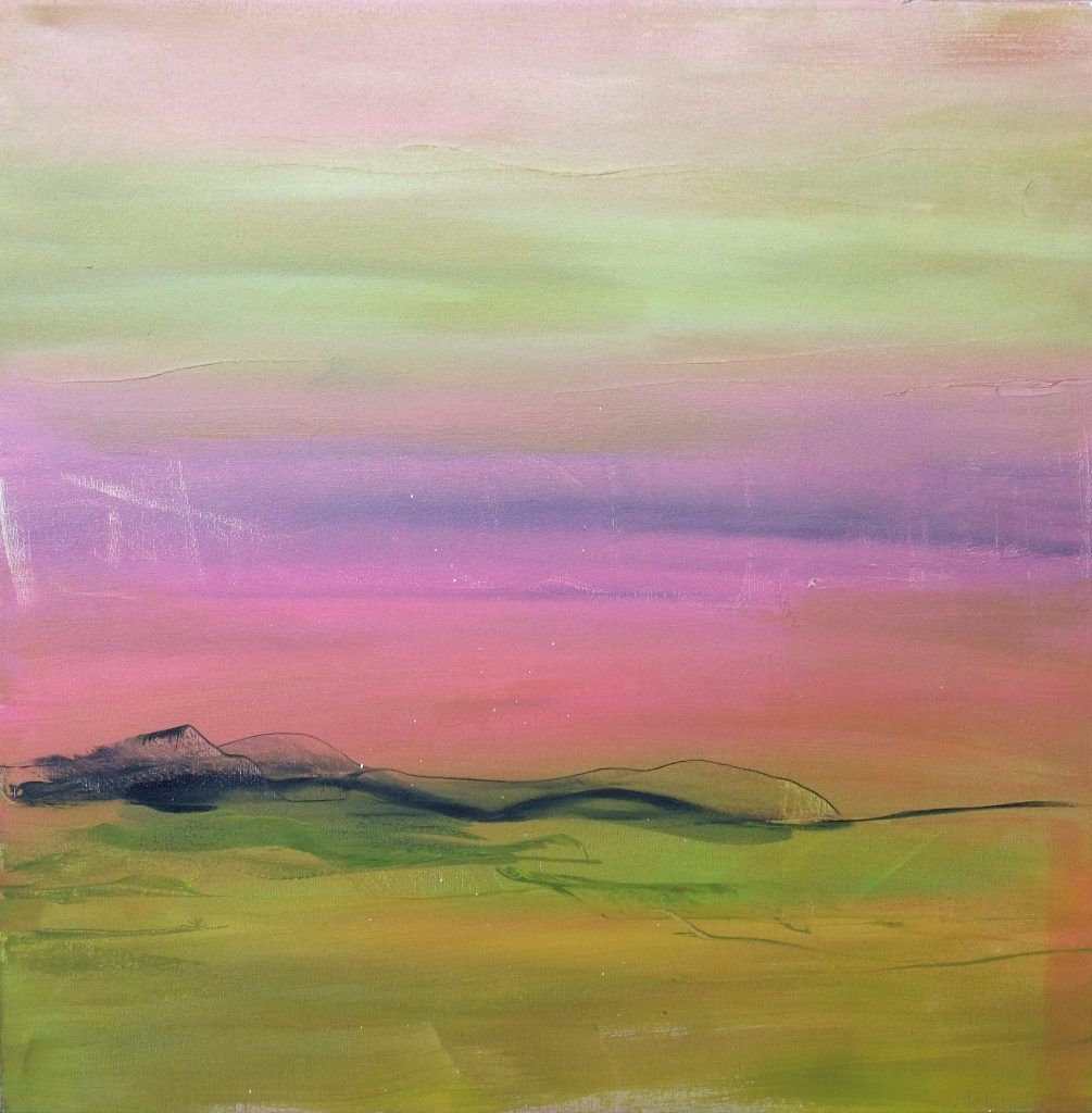 Abstract landscape painting of low hills beneath a pink and green sunset sky