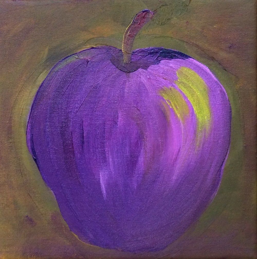 Still life painting of a single purple apple on an olive background