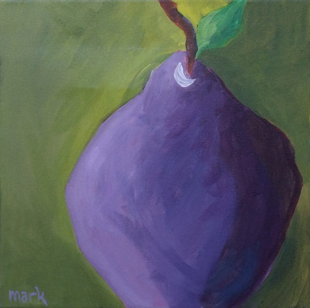 Soft abstract painting of horizontal pastel bands in yellow-green and lavender