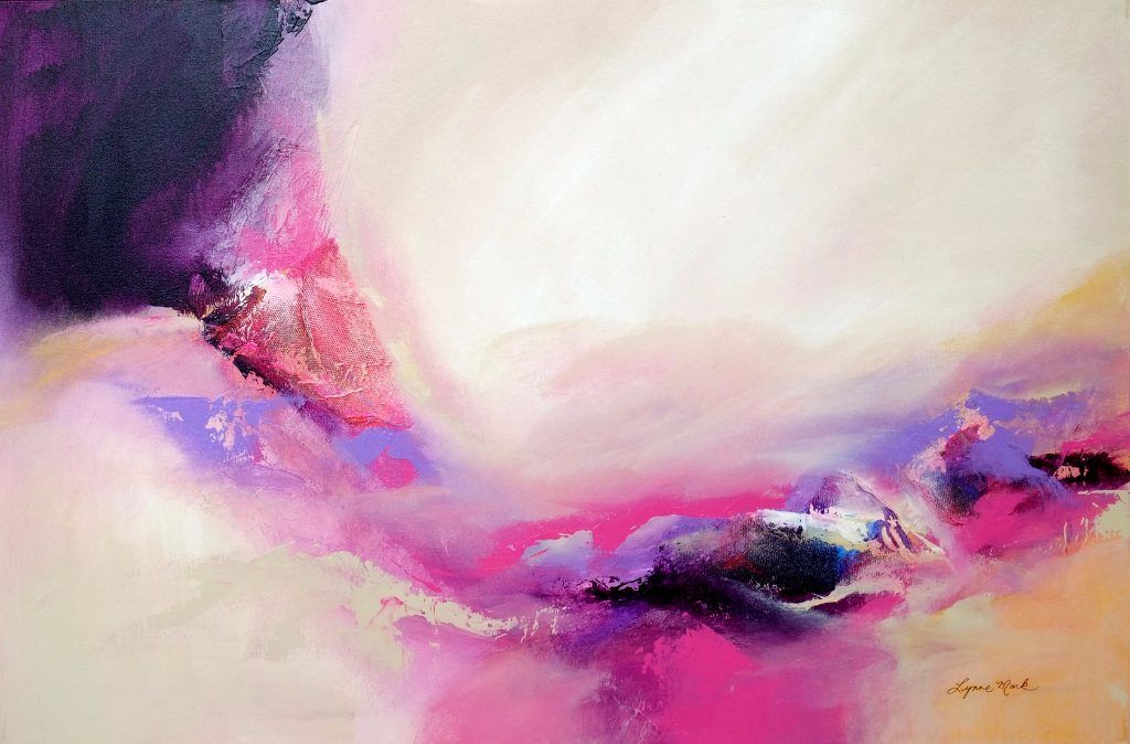 Abstract painting with soft pink, violet, and cream forms and a dark upper corner