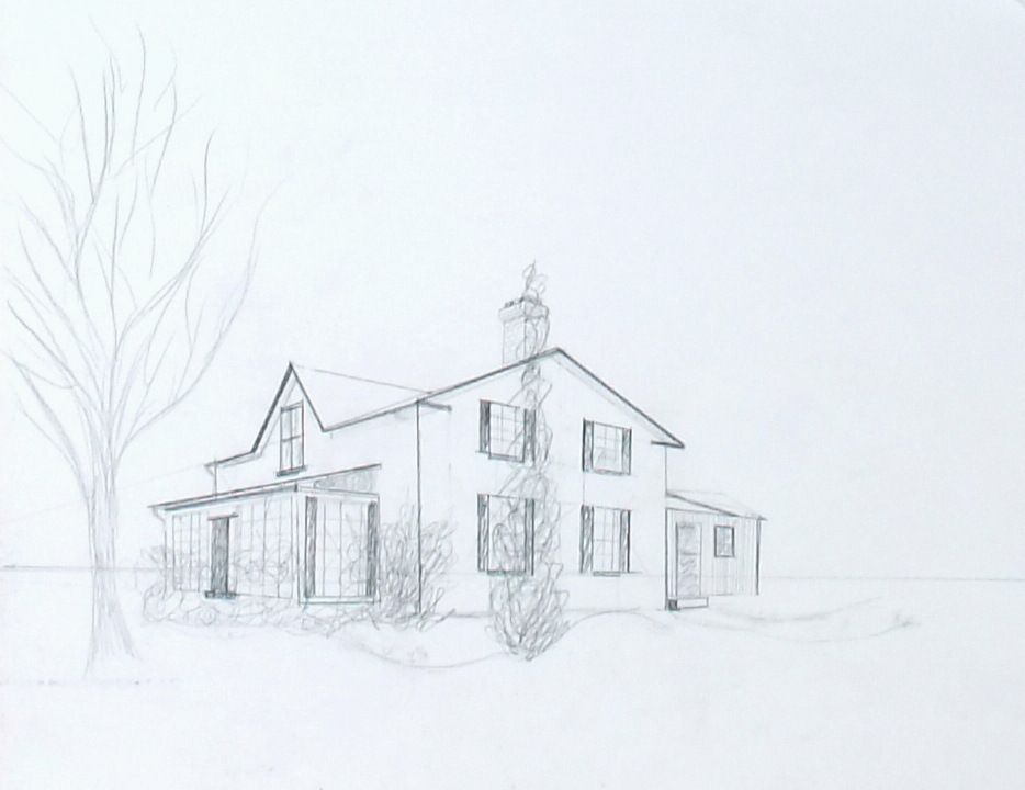 Graphite line drawing of a two-storey house beside a bare tree