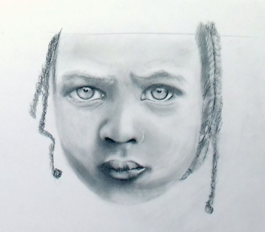 Graphite portrait of a young child with braided hair and a serious expression