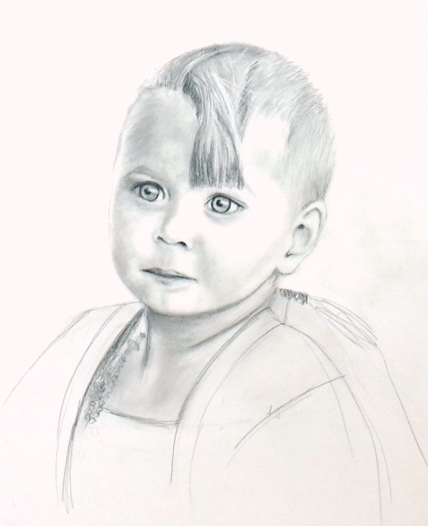 Graphite portrait of a young child in a sleeveless top