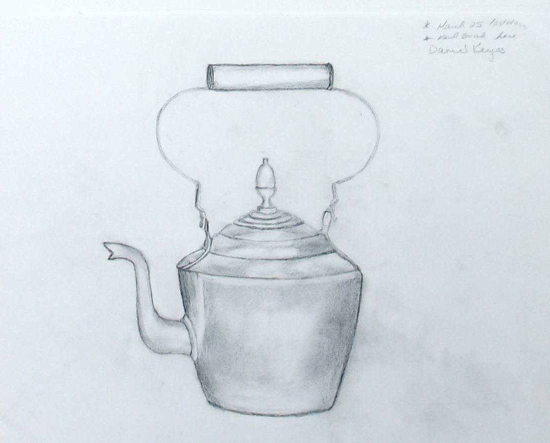 Graphite drawing of an antique lidded kettle with a long spout