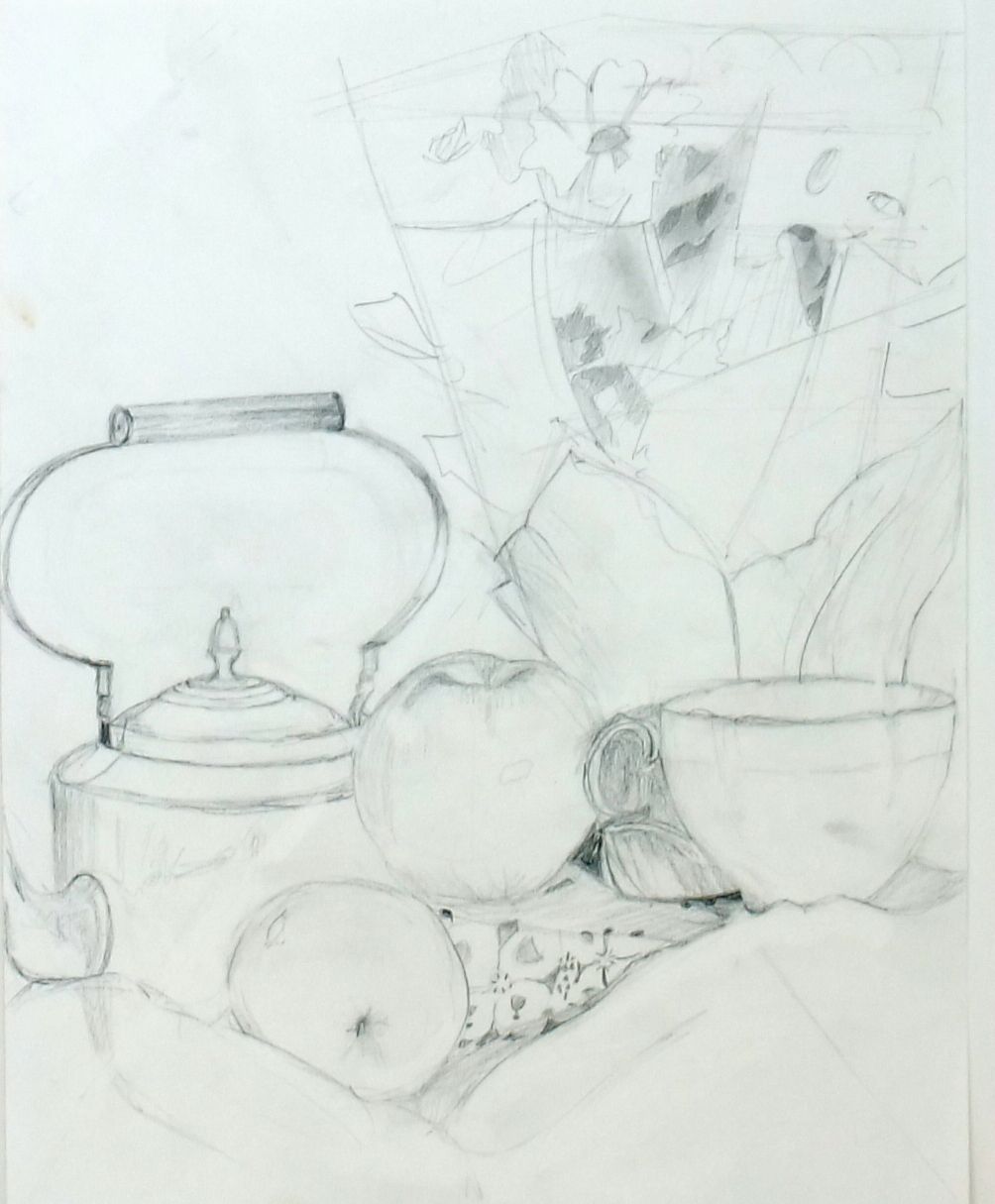 Graphite still life of a teapot, fruit, a cup, and a bowl