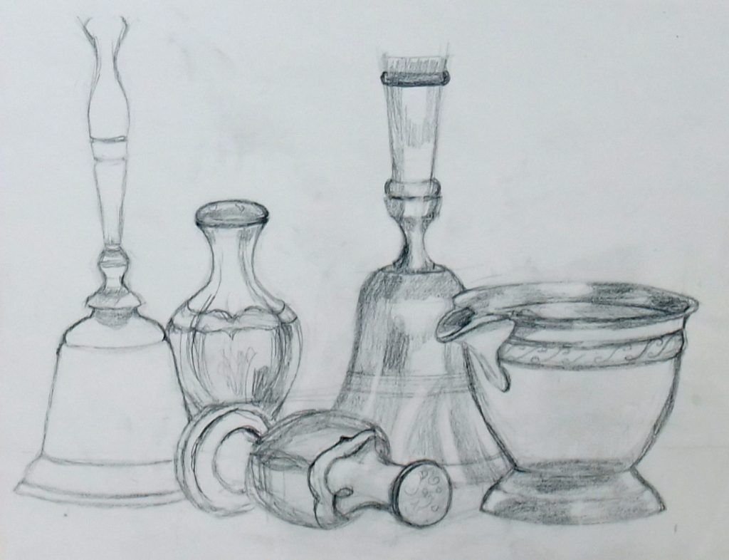 Graphite still life of a bell, decanter, candlestick, and footed bowl