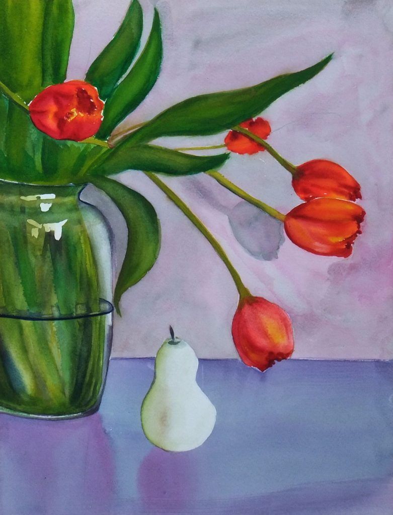 Watercolour of orange tulips in a glass vase beside a pear