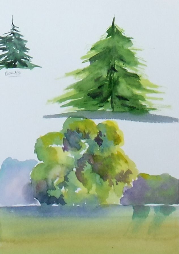 Watercolour landscape of evergreen trees and shrubs in a field