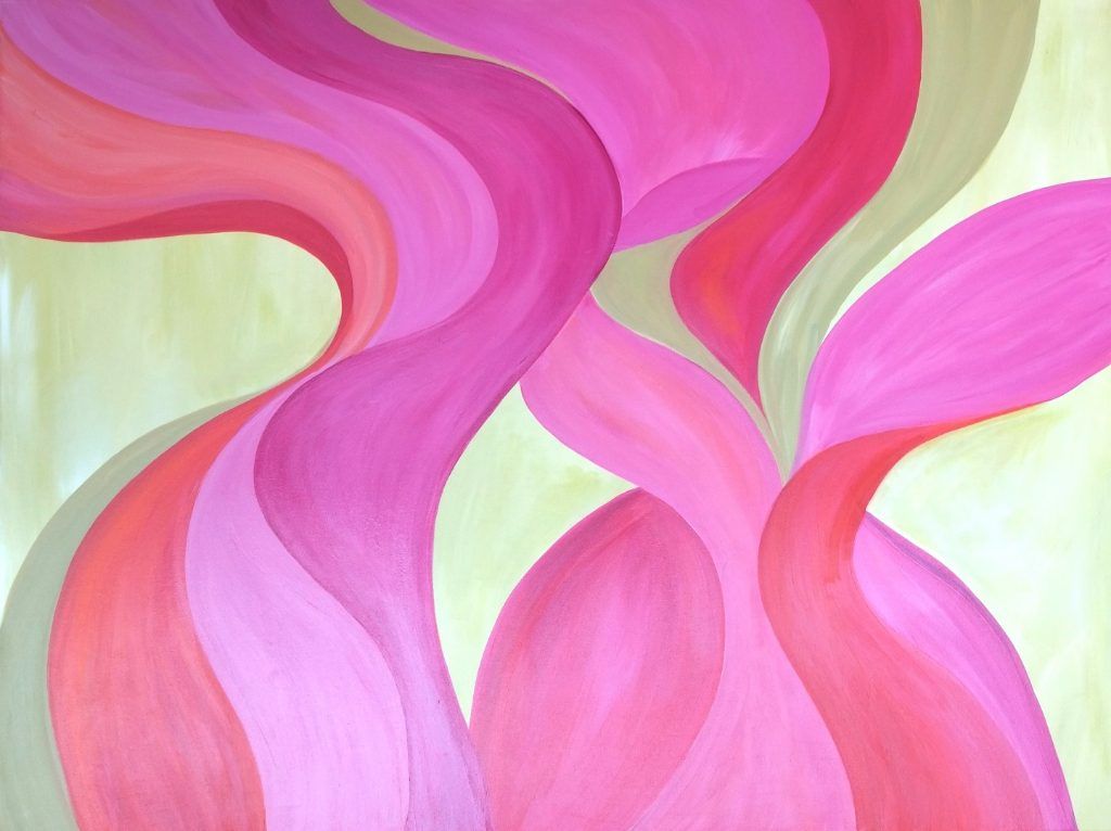 Abstract painting of undulating ribbon-like forms in pink and coral
