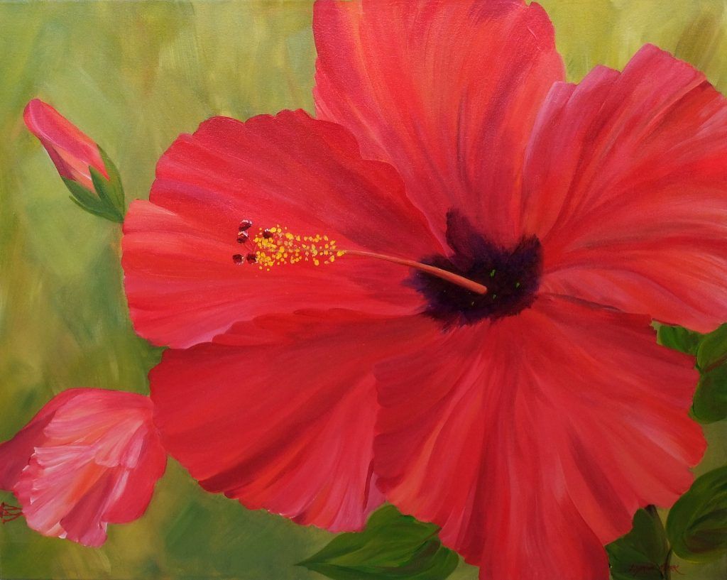 Painting of a vivid red hibiscus flower against a green background
