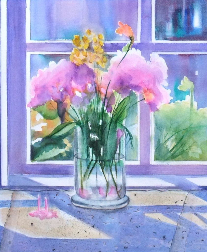 Watercolour of pink flowers in a glass vase on a sunlit windowsill