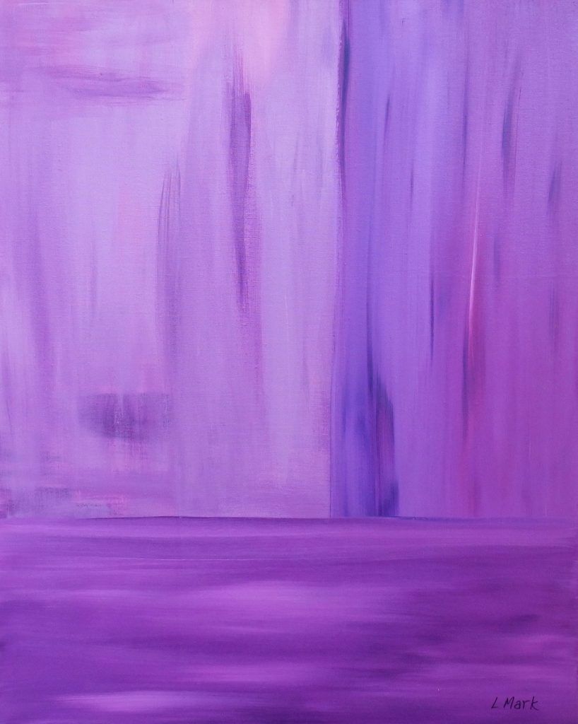 Abstract painting of vertical violet brushstrokes above a darker band