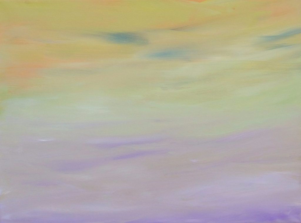 Still life painting of a glowing orange pear against a purple background