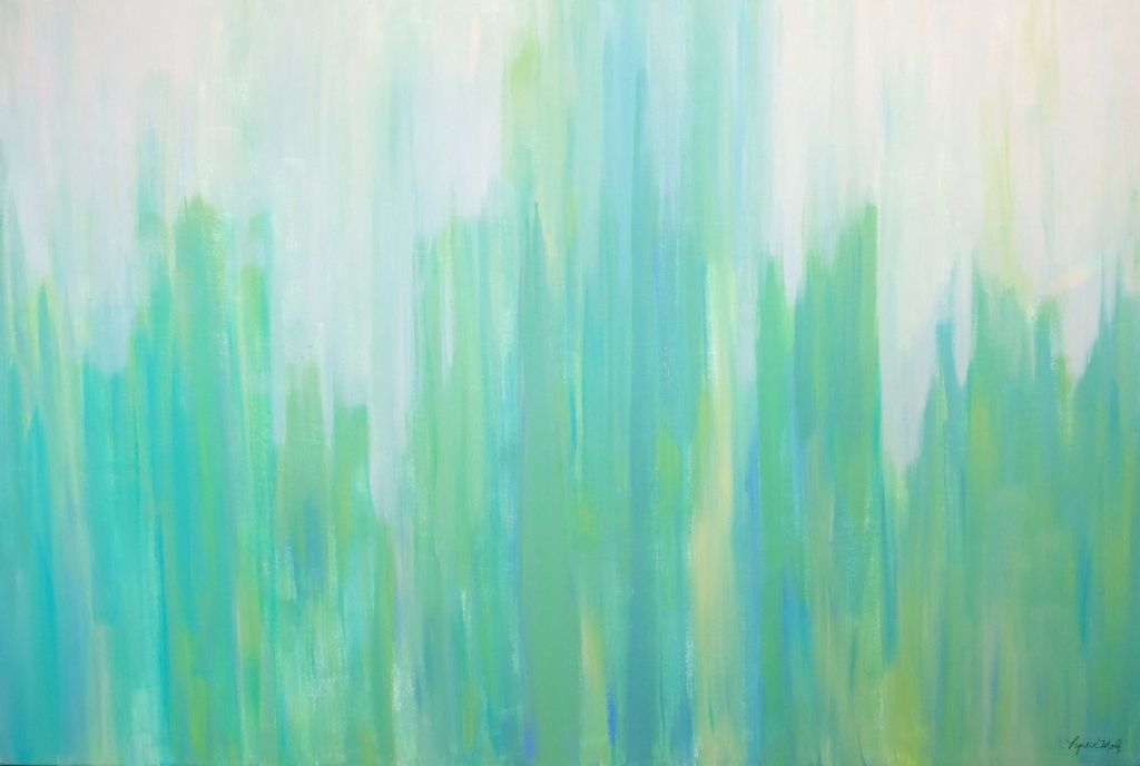 Abstract painting of vertical brushstrokes in teal, aqua, and green