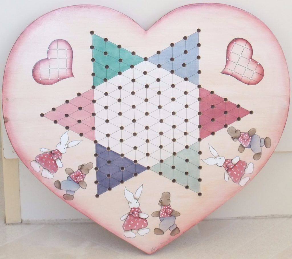 Heart-shaped folk art Chinese checkers board hand-painted with bunnies and bears