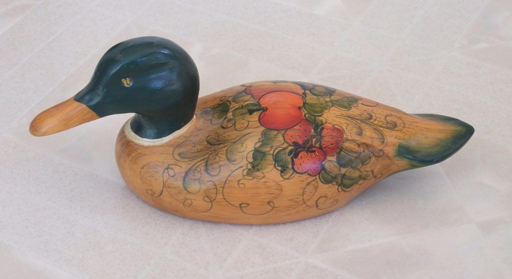 Wooden duck decoy hand-painted with apples and strawberries