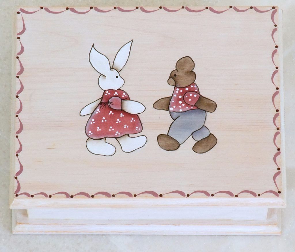 Folk art wooden box hand-painted with a bunny in a dress and a bear