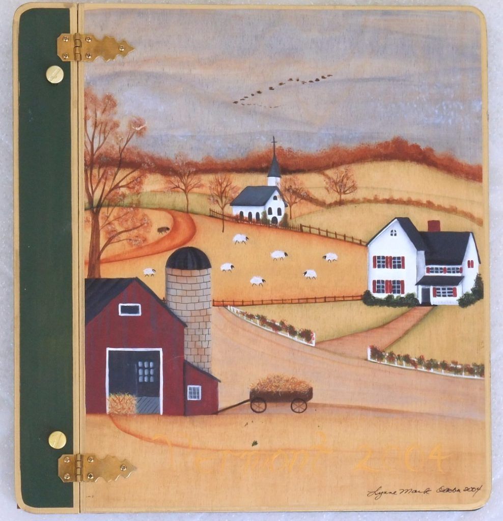 Folk art album cover hand-painted with a barn, church, and farmhouse landscape