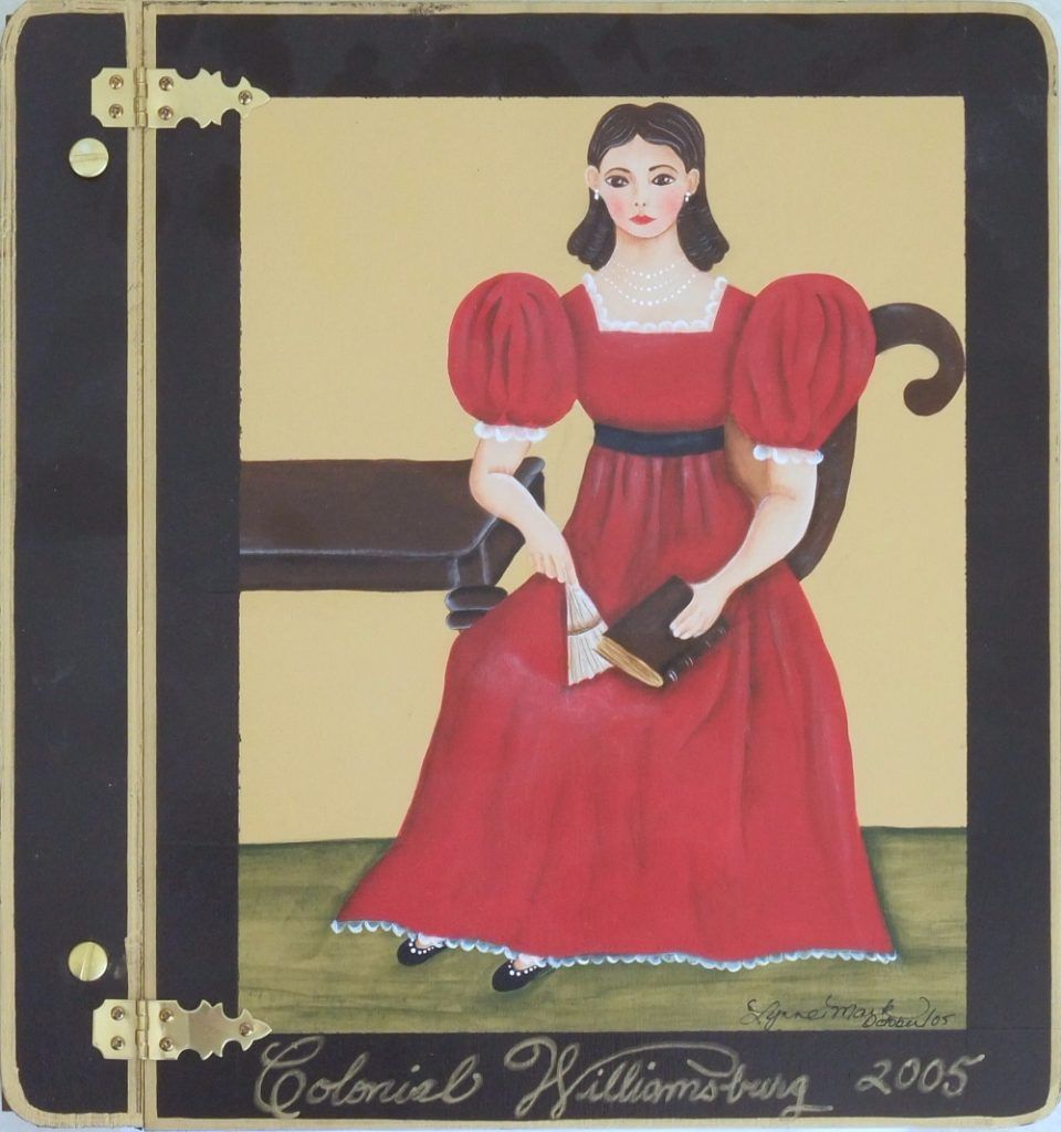Folk art album cover hand-painted with a woman in a red Regency dress