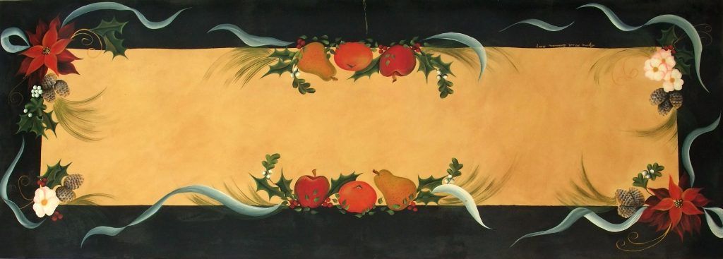 Folk art table runner hand-painted with poinsettias, holly, and fruit on black