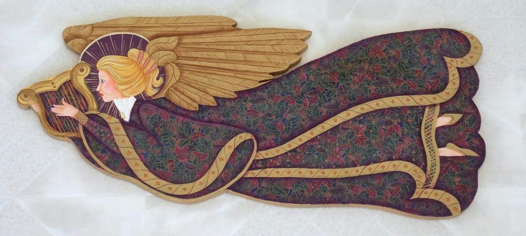 Folk art wooden angel cut-out hand-painted playing a harp